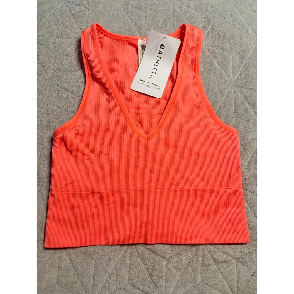 Athleta Aurora Crop Rib Tank Womens Small Orange NWT V-Neck Seamless Activewear